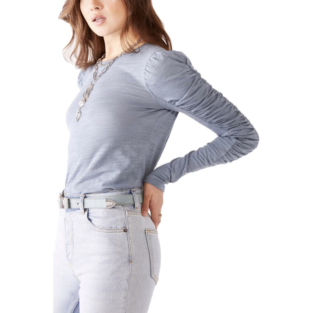 Free People Natasha Ruched-Sleeve T-Shirt Denim blue color top FP2870166